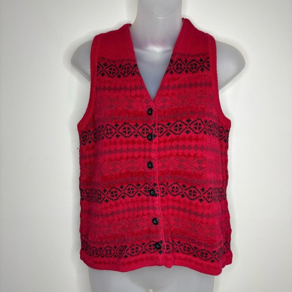 Vintage RUSS V Neck Ugly Sweater Vest black red winter holiday medium retro